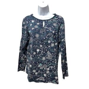 Christopher & Banks Women’s M Navy Winter Scenic Print Top Long Sleeve Stretch